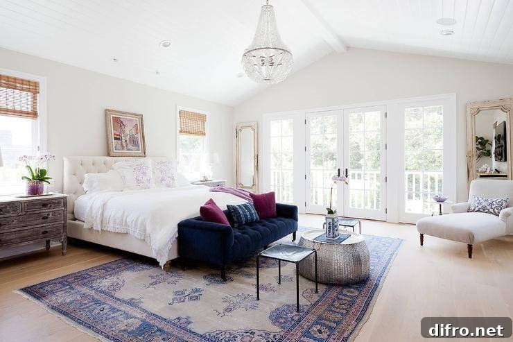 Elegant bedroom with velvet sofa, Turkish rug, and layered textures.