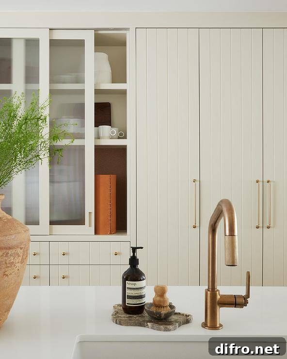 Tall tan plank cabinets donning brass pulls are fixed beside sliding frosted glass cabinet doors stacked over tan plank drawers.