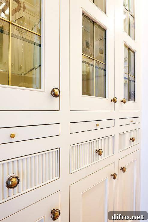 Brass beaded knobs accent white kitchen cabinets.