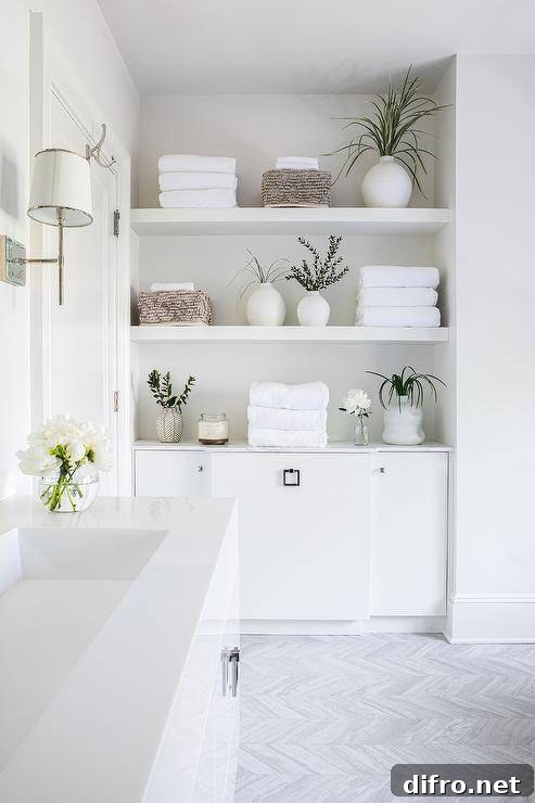 Stacked white floating shelves are fixed in a bathroom nook over white cabinets.