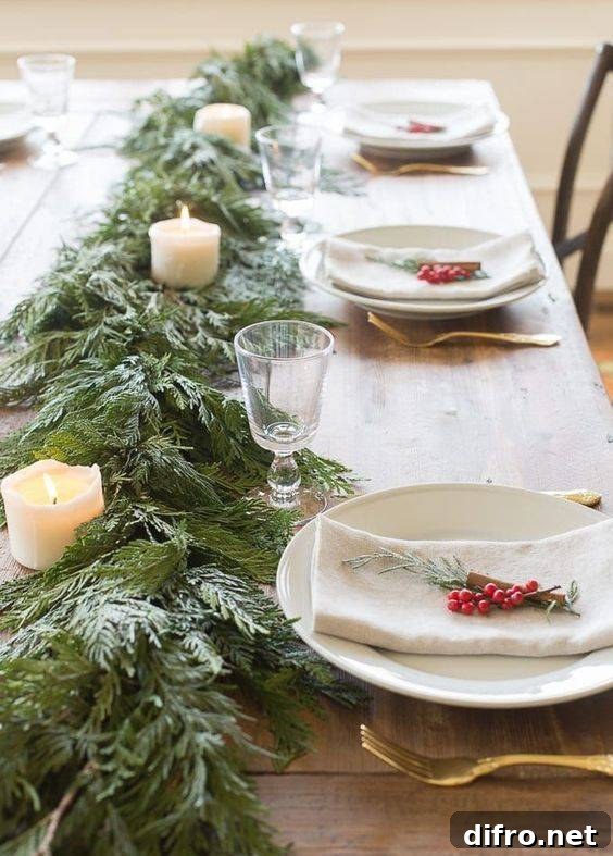 a cozy and homey winter table with an evergreen and pillar candle runner, berries and evergreens plus gold cutlery