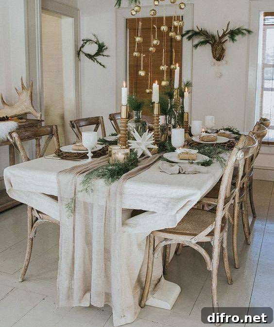 a chic and neutral winter tablescape with a neutral runner, greenery, paper stars, candles and ornaments hanging over the table