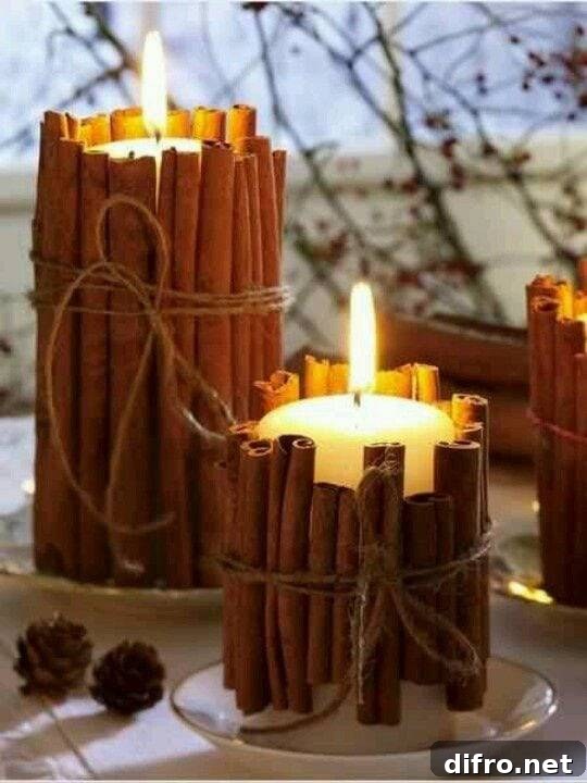 cinnamon sticks wrapped around white candles