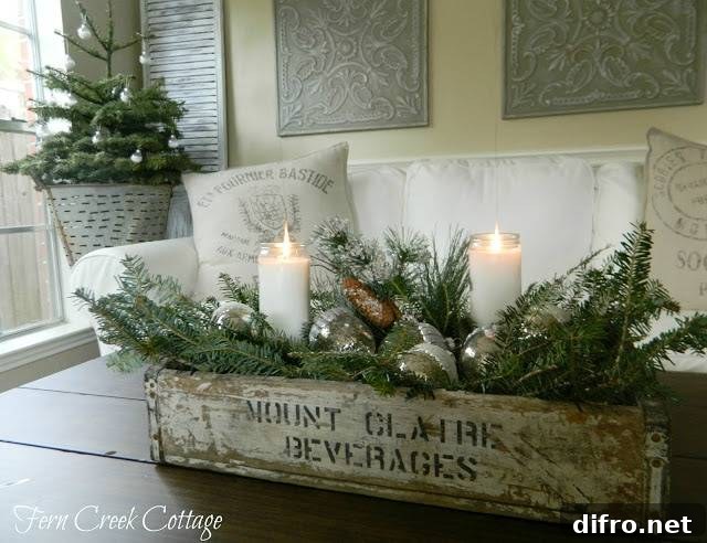 antique box with greenery and candles