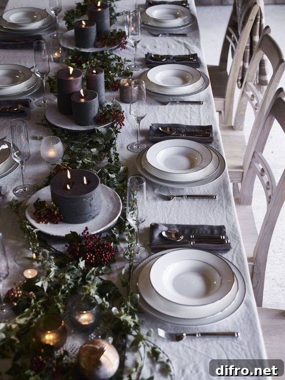 a chic dark tone winter tablescape with dark candles, greenery, berries, grey napkins and white porcelain