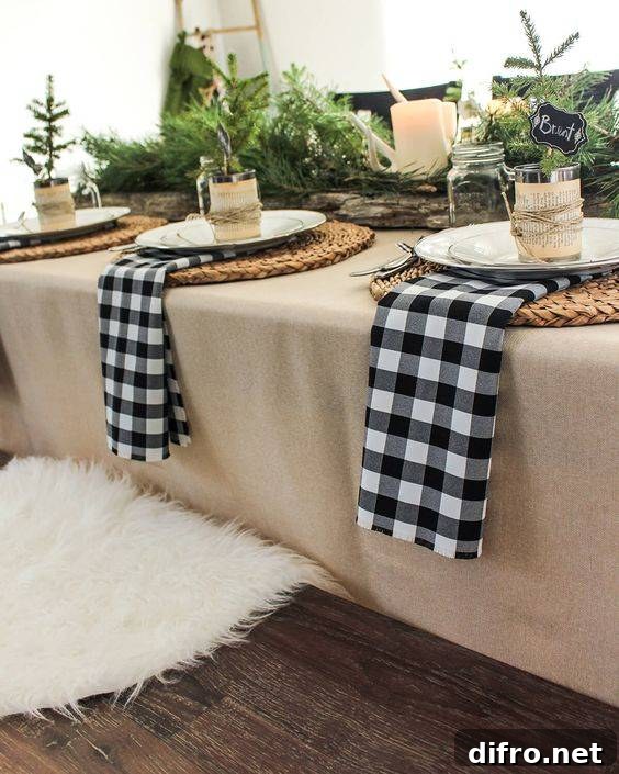 a cozy rustic winter table setting with plaid napkisn, woven placemats, evergreens, candles and antlers and jars with candles