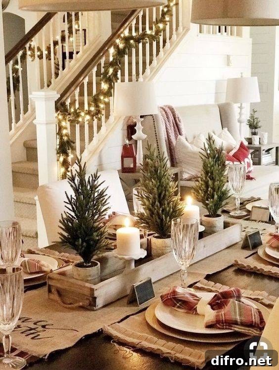 a homey winter table with a burlap runner and placemats, plaid napkins, mini Christmas trees, candles