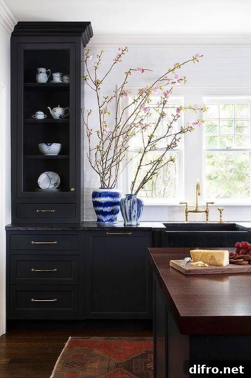 Gorgeous black kitchen features black shaker cabinets accented with brass pulls and holding a black marble apron sink with a brass deck mount faucet beneath a row of windows.