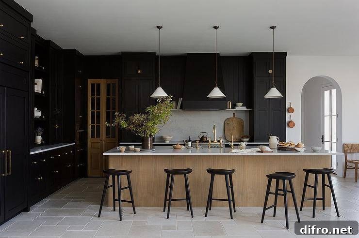 Kitchen features black cabinets and a brown island with brushed gold deck mount kitchen faucet with black tractor stools, lit by white and gold vintage lanterns.