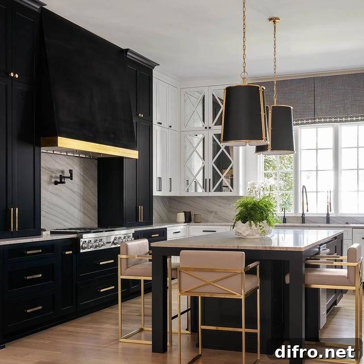 Gold and black hanging shade lights illuminate a marble island top accenting a black kitchen island seating gold and blush pink stools.