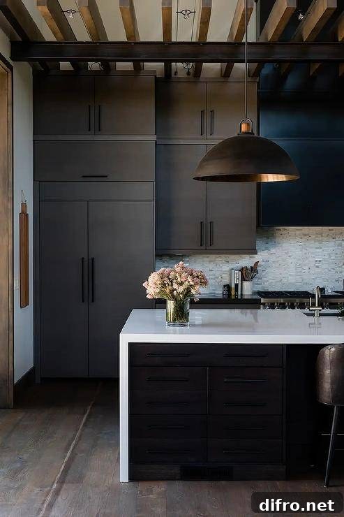 Modern black and white kitchen features a black island fitted with a white quartz waterfall edge countertop lit by a black dome lantern hung from a ceiling finished with wood beams.