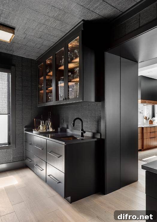 Modern black kitchen pantry is clad in black textured backsplash tiles covering the walls and ceiling.