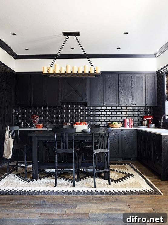 A black pub style island sits on a black and tan rug and is paired with black oak stools.