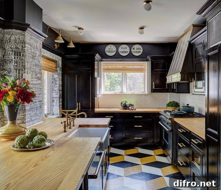 Stylish contemporary black kitchen is accented with a yellow and black painted floor and glossy black cabinets donning wooden countertops and black pulls.