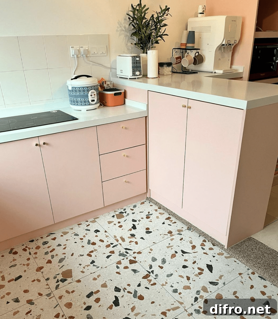 Terrazzo floor in pink kitchen