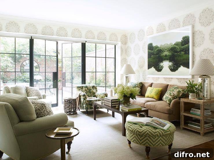 A brown and green living room brings a traditional design while feeling fresh and updated.