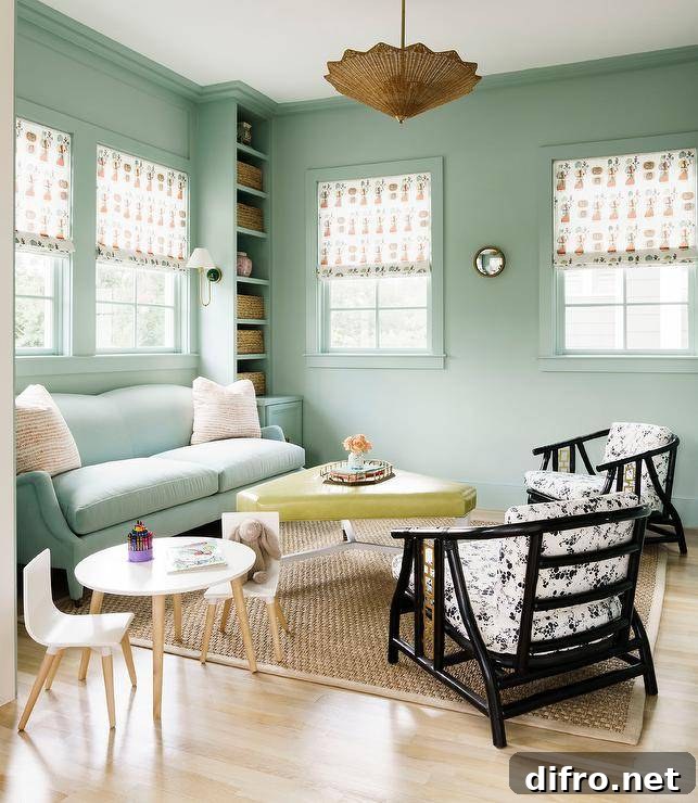 Welcoming living room boasts mint green walls framing windows located between mint green built-in shelves and over a mint green velvet sofa.