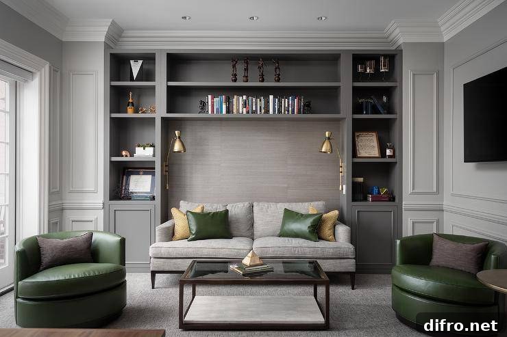Spacious gray and green living room features a gray sofa accents with green pillows, green leather swivel chairs and gray built in shelves.