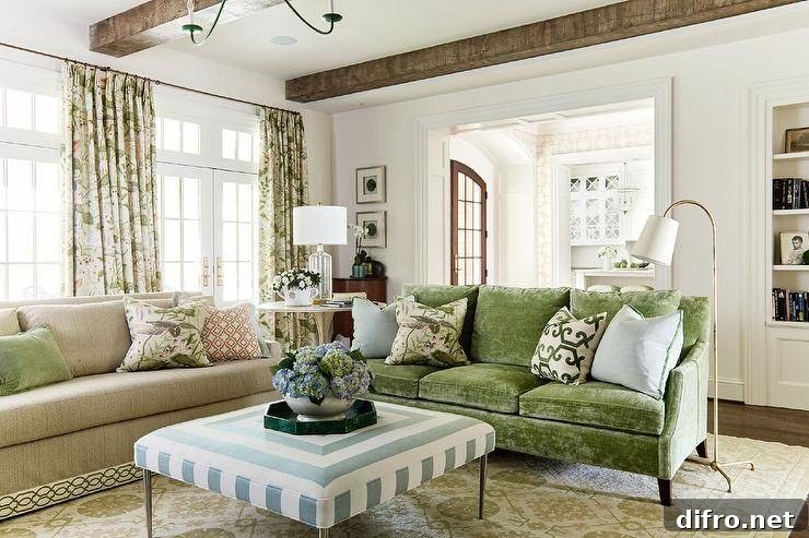 Beneath a ceiling accented with rustic wood beams, a green velvet sofa topped with blue and green pillows placed on a beige and green rug facing a blue concentric ottoman.