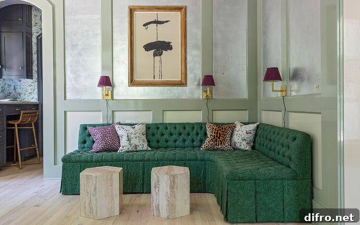 Eclectic living room features an emerald green tufted French sectional on sage green wall trim lit by scones with purple shades and dual hexagon accent tables.