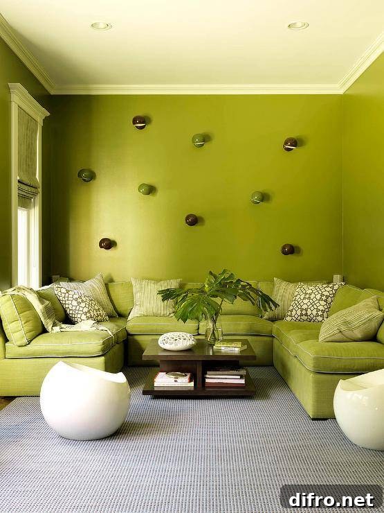 Modern avocado green living room features a brown wooden coffee table in front of a green u-shaped sectional with brown trellis pillows against a green wall.