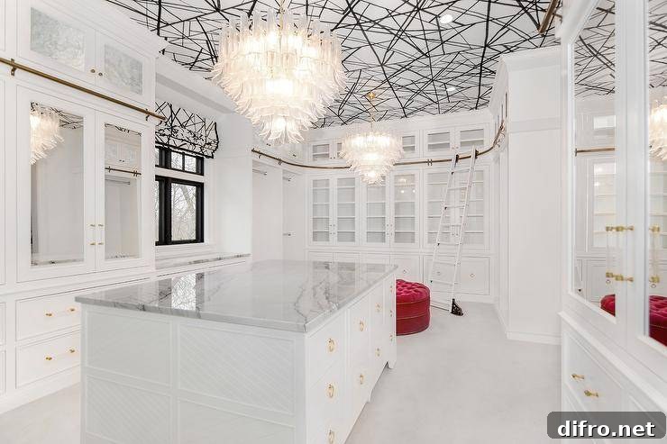 Glamorous walk-in closet with patterned ceiling, Murano chandeliers and red velvet ottoman.