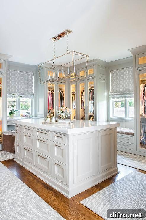 Linear chandelier above a rectangular island surrounded by custom built-ins.