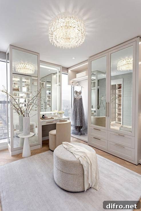 Light gray walk-in closet with mirrored wardrobe cabinets and custom vanity.