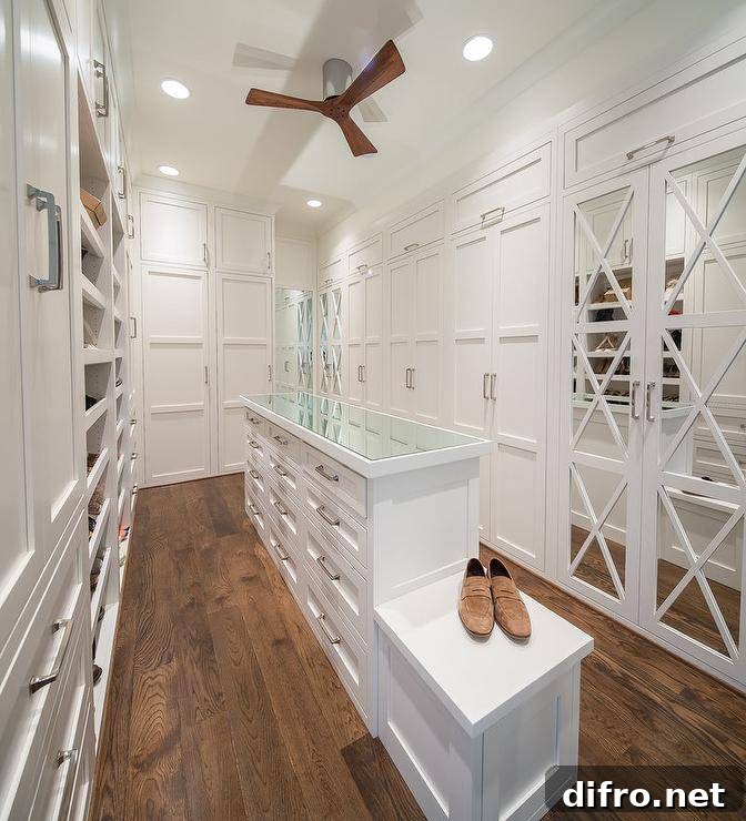 Long narrow custom walk-in closet with white cabinetry, island, and mirrored closet doors.