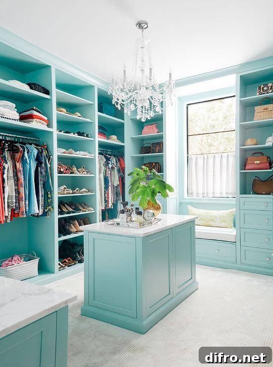 Turquoise blue walk-in closet with window seat and blue built-ins.