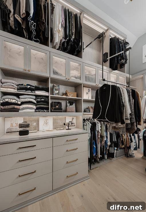 Gray walk-in closet with custom drop-down clothes racks and built-in dresser.