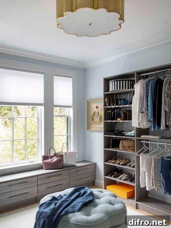 Gray and blue walk-in closet with stacked bench drawers beneath windows.