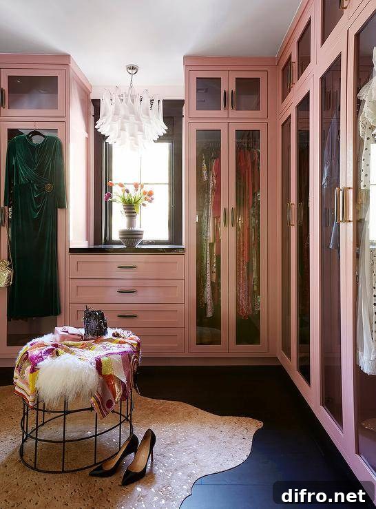 Glam pink walk-in closet with built-in cabinetry and metallic rug accent.