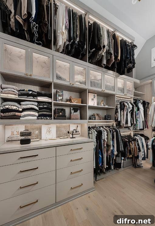 Gray walk-in closet with built-in dresser under high shelving.
