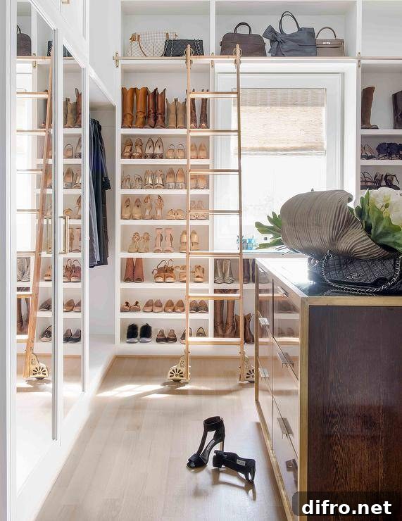 Walk-in closet with ladder on rails, custom shoe shelves and purse cubbies.