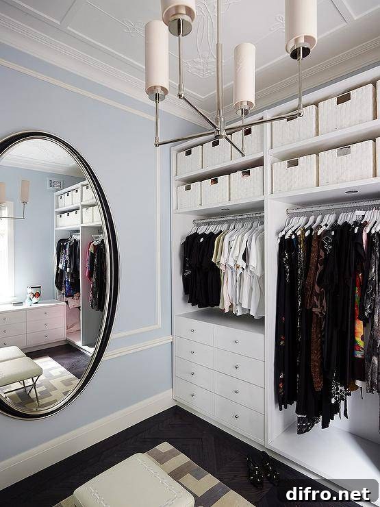 White and blue custom walk-in closet with full length oval mirror and built-in drawers.