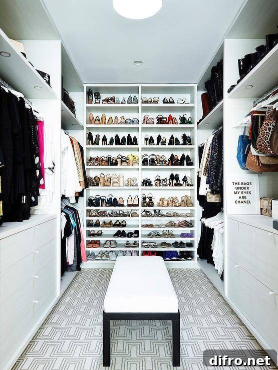 Walk-in closet with floor-to-ceiling shoe shelves, built-in dressers, and a bench.