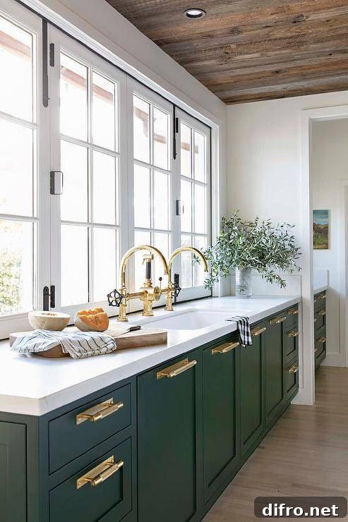 green kitchen cabinets with brass hardware complementing polished brass gooseneck faucets mounted over an undermount sink