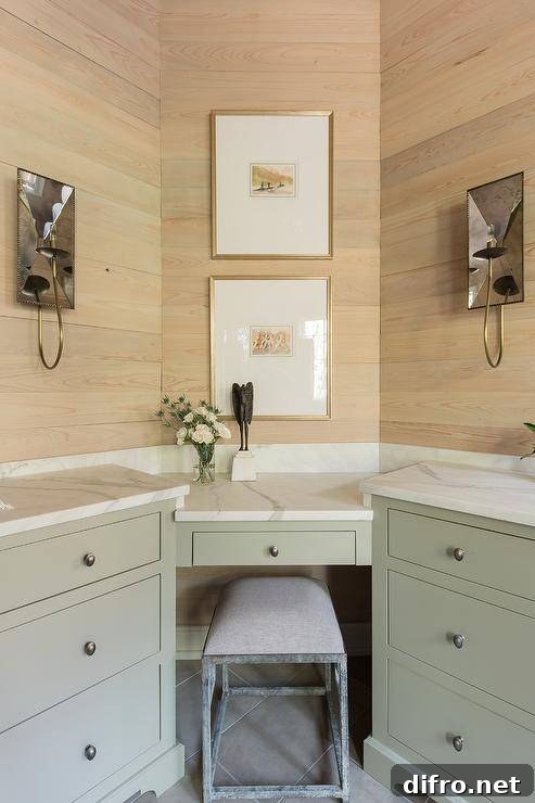 Green corner makeup vanity topped with white marble and flanked by washstands