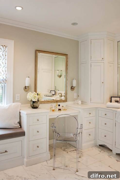 Large vanity with built-in window seat and corner cabinet