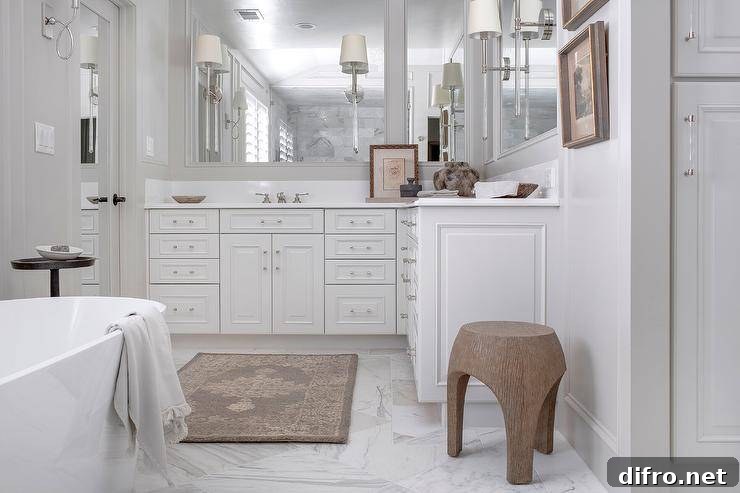 White L-shaped washstand with nickel pulls and marble floor