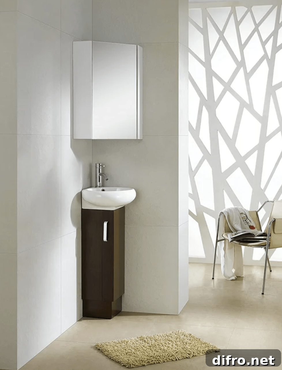 Sleek modern corner sink in a minimalist bathroom