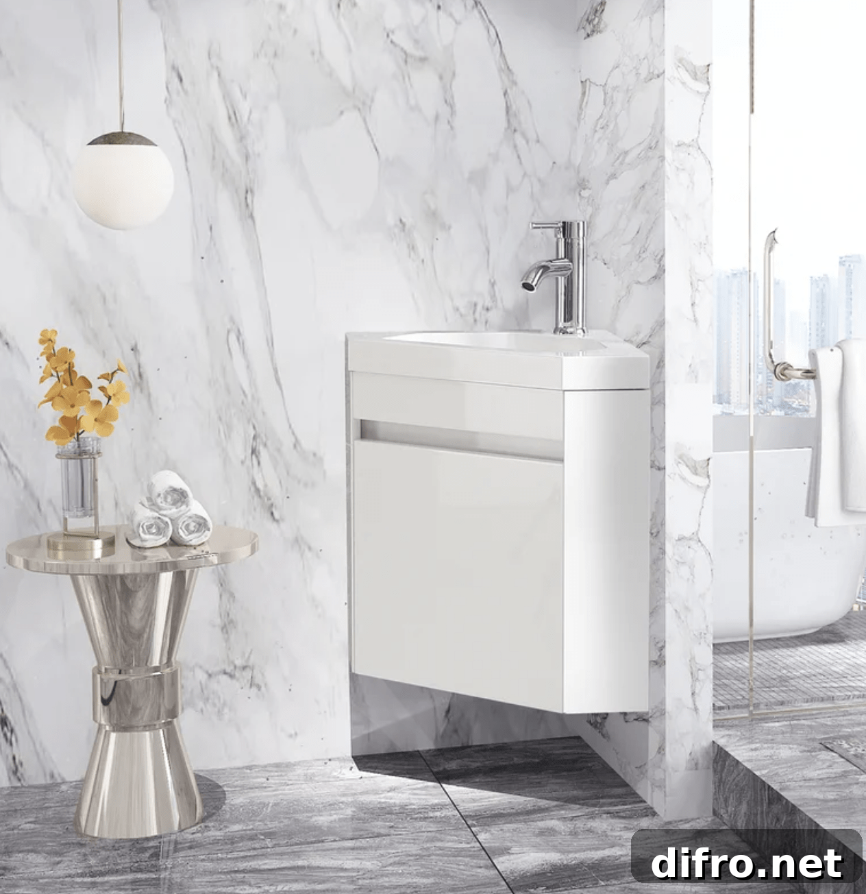 Floating wall-mounted corner vanity