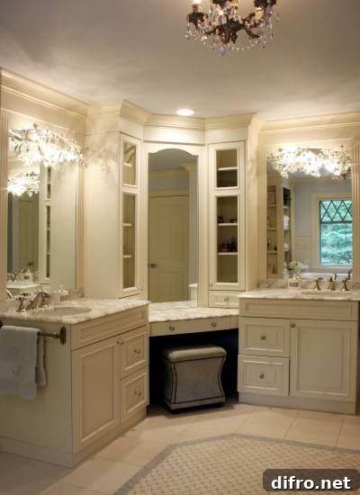 Master bathroom with corner vanity and ottoman tucked below
