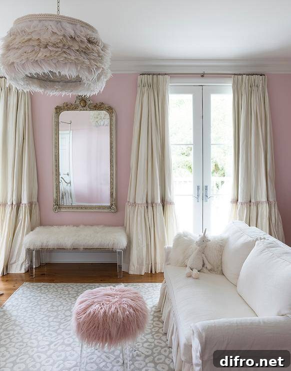 White ruffled sofa with pink accents in an elegant room.