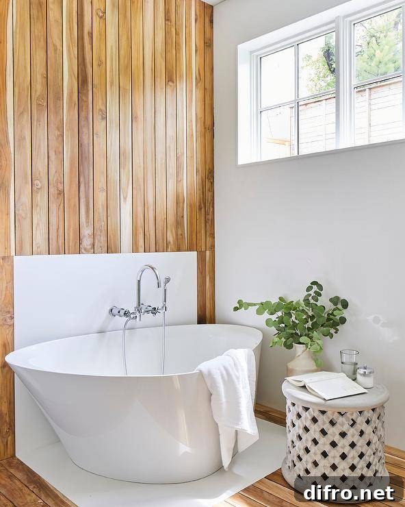 Welcoming bathtub features an asymmetric bathtub placed in front of a teak plank accent wall finished with a polished nickel wall mount tub filler.