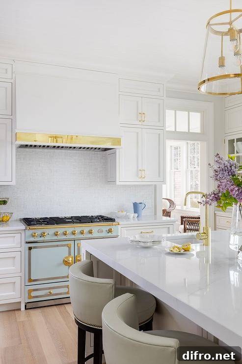 Light blue and gold French stove beneath a white hood with brass trim
