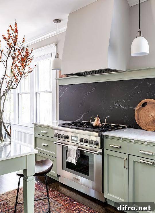Gray range hood over a soapstone slab cooktop backsplash and stainless steel oven range