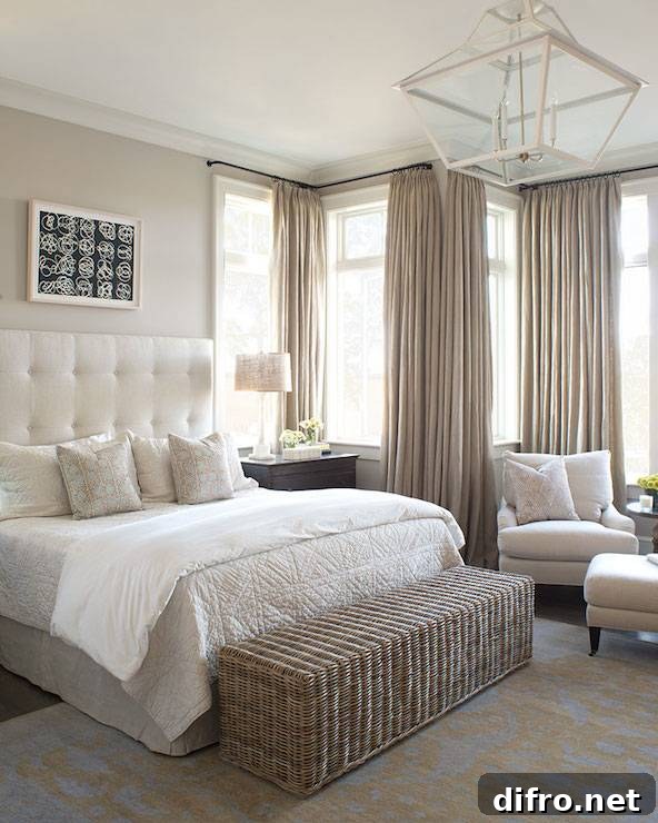 Elegant bedroom with greige walls, an ivory tufted headboard, and neutral bedding