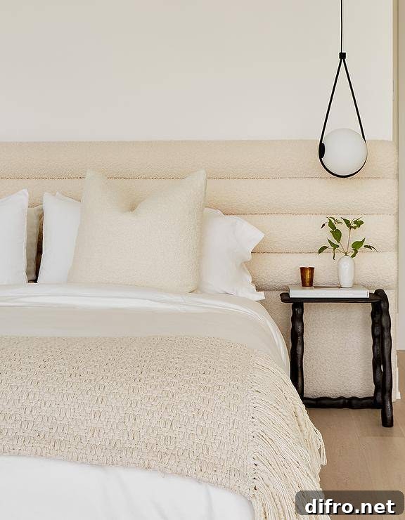 Cream bedroom with boucle headboard and layered neutrals